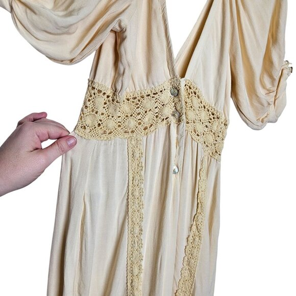 Jens Pirate Booty Rio Panorama Midi Dress in Rio Sunrise Beige Crochet Trim S - Picture 9 of 15